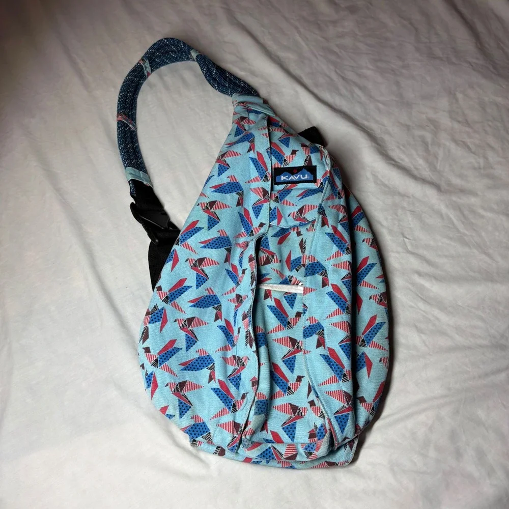 KAVU Rope Bag Sling Backpack Blue Origami Bird Print Cotton Canvas Outdoor
